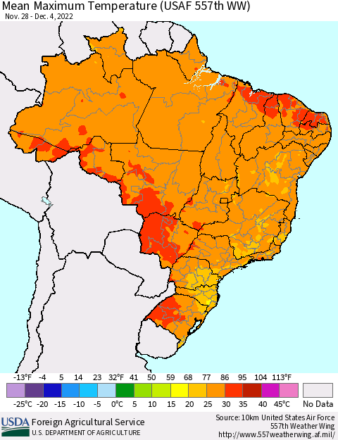 Brazil Mean Maximum Temperature (USAF 557th WW) Thematic Map For 11/28/2022 - 12/4/2022