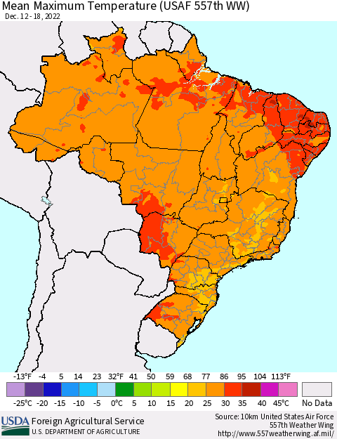 Brazil Mean Maximum Temperature (USAF 557th WW) Thematic Map For 12/12/2022 - 12/18/2022