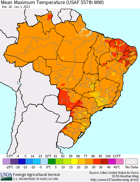 Brazil Mean Maximum Temperature (USAF 557th WW) Thematic Map For 12/26/2022 - 1/1/2023