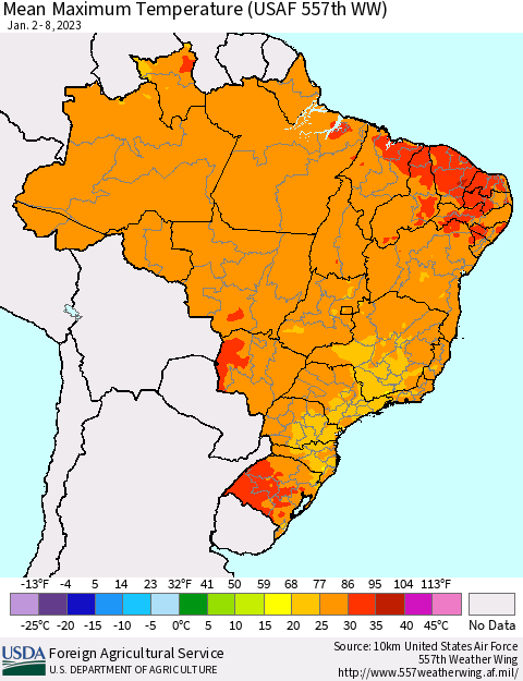 Brazil Mean Maximum Temperature (USAF 557th WW) Thematic Map For 1/2/2023 - 1/8/2023