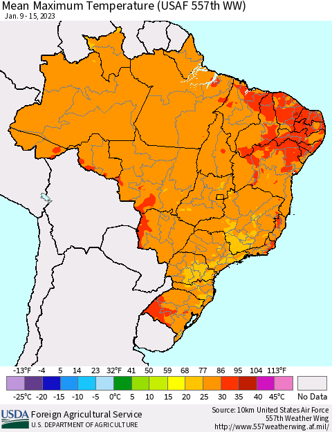 Brazil Mean Maximum Temperature (USAF 557th WW) Thematic Map For 1/9/2023 - 1/15/2023