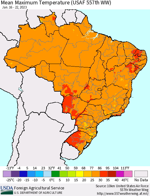 Brazil Mean Maximum Temperature (USAF 557th WW) Thematic Map For 1/16/2023 - 1/22/2023