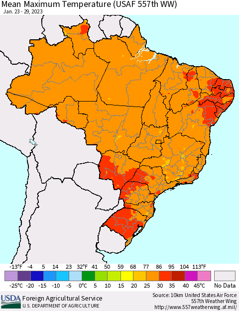 Brazil Mean Maximum Temperature (USAF 557th WW) Thematic Map For 1/23/2023 - 1/29/2023