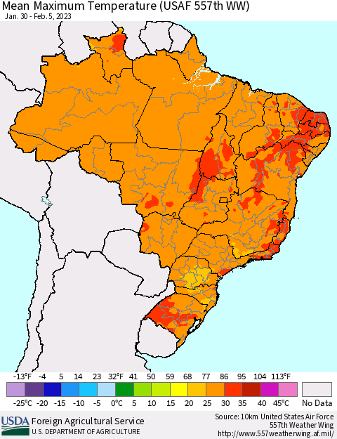 Brazil Mean Maximum Temperature (USAF 557th WW) Thematic Map For 1/30/2023 - 2/5/2023