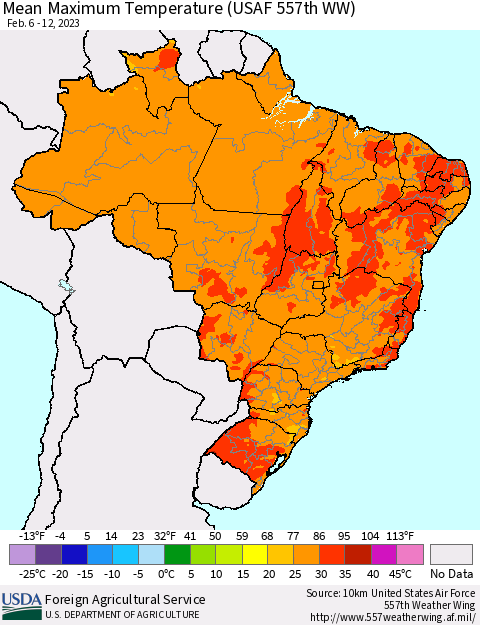 Brazil Mean Maximum Temperature (USAF 557th WW) Thematic Map For 2/6/2023 - 2/12/2023