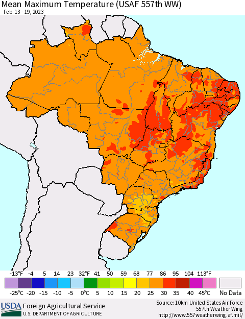 Brazil Mean Maximum Temperature (USAF 557th WW) Thematic Map For 2/13/2023 - 2/19/2023