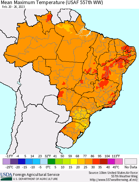 Brazil Mean Maximum Temperature (USAF 557th WW) Thematic Map For 2/20/2023 - 2/26/2023