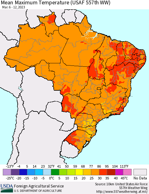 Brazil Mean Maximum Temperature (USAF 557th WW) Thematic Map For 3/6/2023 - 3/12/2023