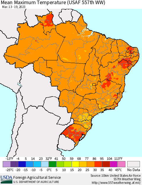 Brazil Mean Maximum Temperature (USAF 557th WW) Thematic Map For 3/13/2023 - 3/19/2023