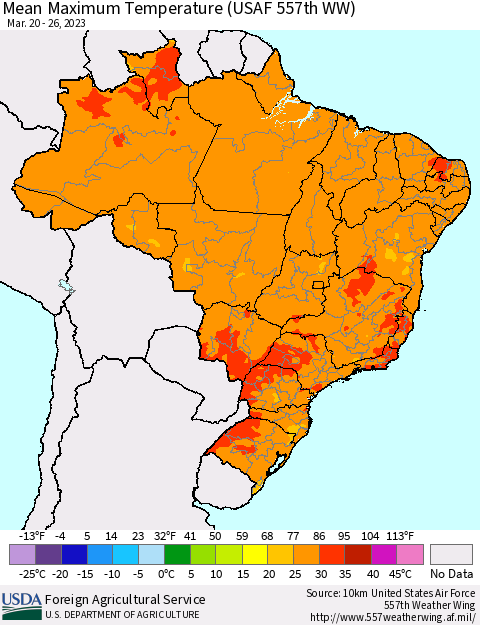 Brazil Mean Maximum Temperature (USAF 557th WW) Thematic Map For 3/20/2023 - 3/26/2023