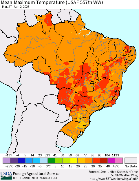 Brazil Mean Maximum Temperature (USAF 557th WW) Thematic Map For 3/27/2023 - 4/2/2023