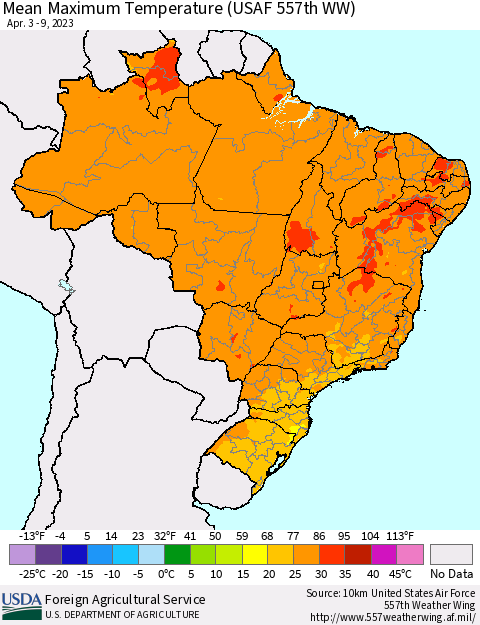 Brazil Mean Maximum Temperature (USAF 557th WW) Thematic Map For 4/3/2023 - 4/9/2023