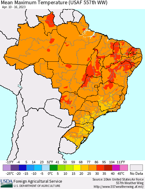 Brazil Mean Maximum Temperature (USAF 557th WW) Thematic Map For 4/10/2023 - 4/16/2023