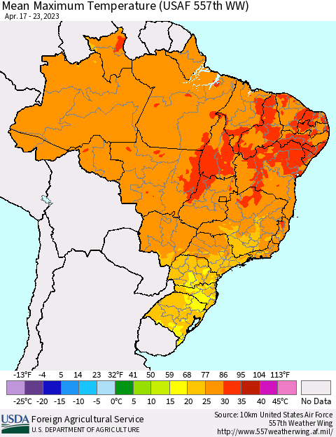 Brazil Mean Maximum Temperature (USAF 557th WW) Thematic Map For 4/17/2023 - 4/23/2023