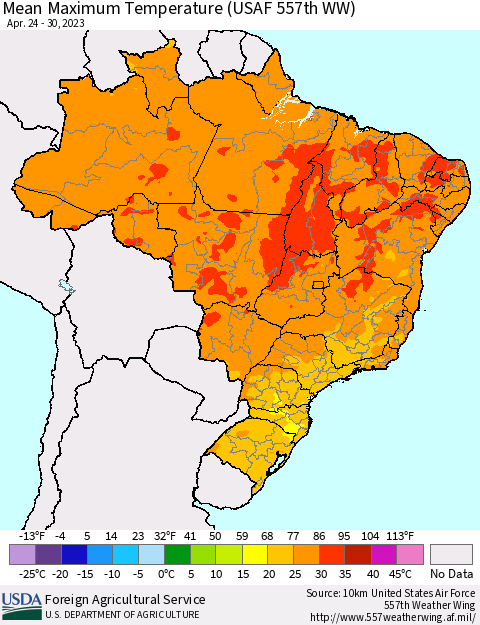 Brazil Mean Maximum Temperature (USAF 557th WW) Thematic Map For 4/24/2023 - 4/30/2023