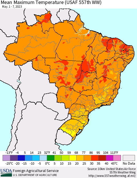 Brazil Mean Maximum Temperature (USAF 557th WW) Thematic Map For 5/1/2023 - 5/7/2023