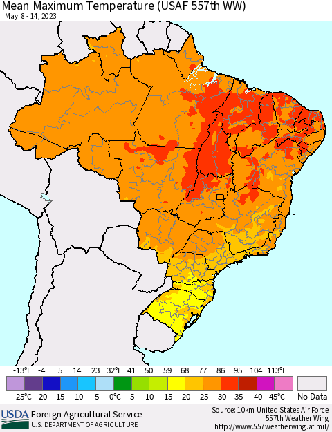 Brazil Mean Maximum Temperature (USAF 557th WW) Thematic Map For 5/8/2023 - 5/14/2023