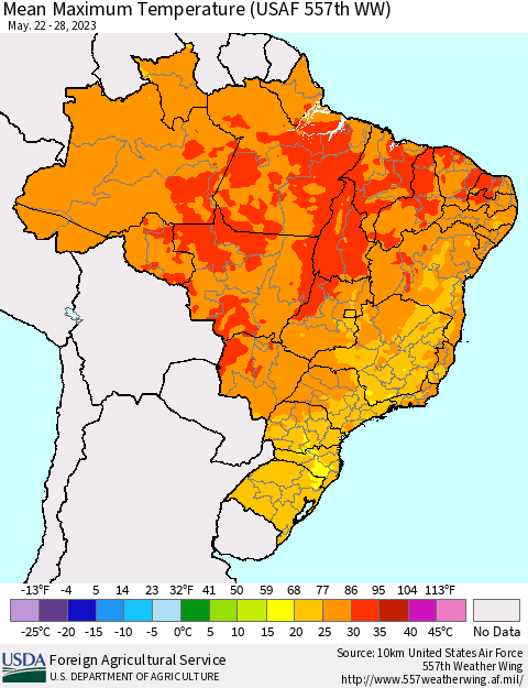 Brazil Mean Maximum Temperature (USAF 557th WW) Thematic Map For 5/22/2023 - 5/28/2023