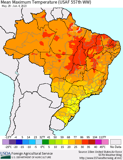 Brazil Mean Maximum Temperature (USAF 557th WW) Thematic Map For 5/29/2023 - 6/4/2023