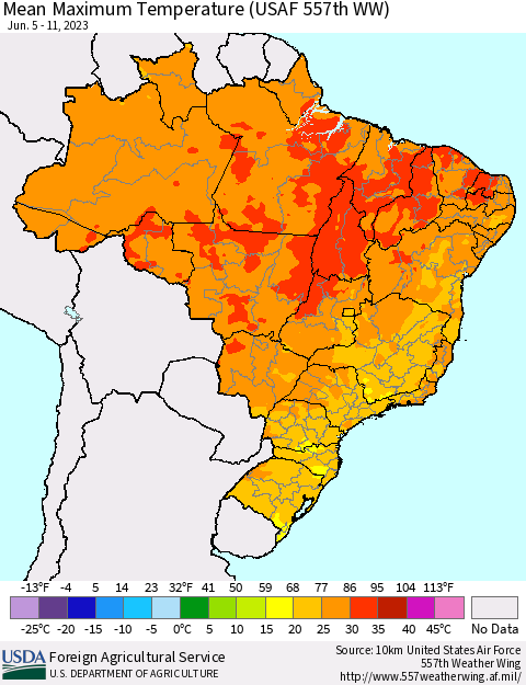 Brazil Mean Maximum Temperature (USAF 557th WW) Thematic Map For 6/5/2023 - 6/11/2023