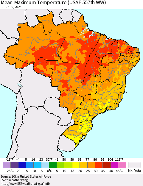 Brazil Mean Maximum Temperature (USAF 557th WW) Thematic Map For 7/3/2023 - 7/9/2023