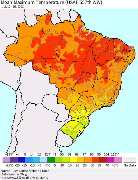 Brazil Mean Maximum Temperature (USAF 557th WW) Thematic Map For 7/10/2023 - 7/16/2023