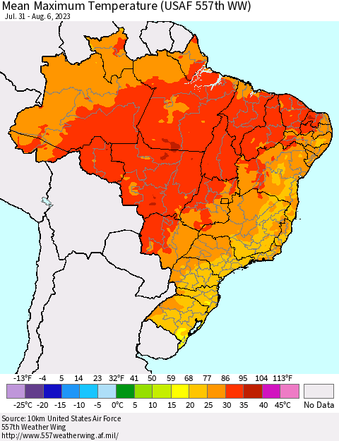 Brazil Mean Maximum Temperature (USAF 557th WW) Thematic Map For 7/31/2023 - 8/6/2023