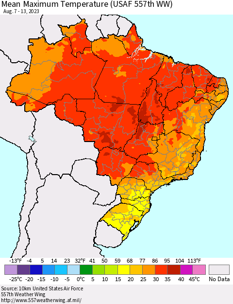 Brazil Mean Maximum Temperature (USAF 557th WW) Thematic Map For 8/7/2023 - 8/13/2023