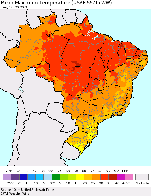 Brazil Mean Maximum Temperature (USAF 557th WW) Thematic Map For 8/14/2023 - 8/20/2023