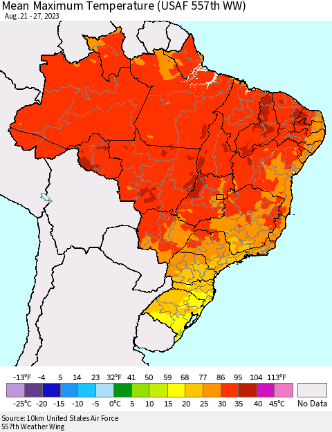 Brazil Mean Maximum Temperature (USAF 557th WW) Thematic Map For 8/21/2023 - 8/27/2023
