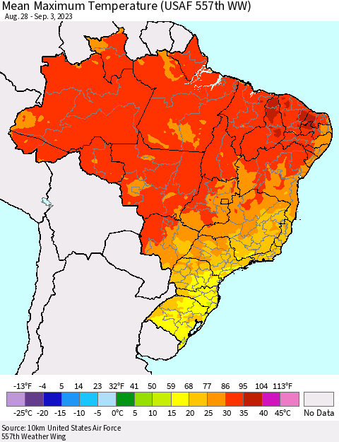 Brazil Mean Maximum Temperature (USAF 557th WW) Thematic Map For 8/28/2023 - 9/3/2023