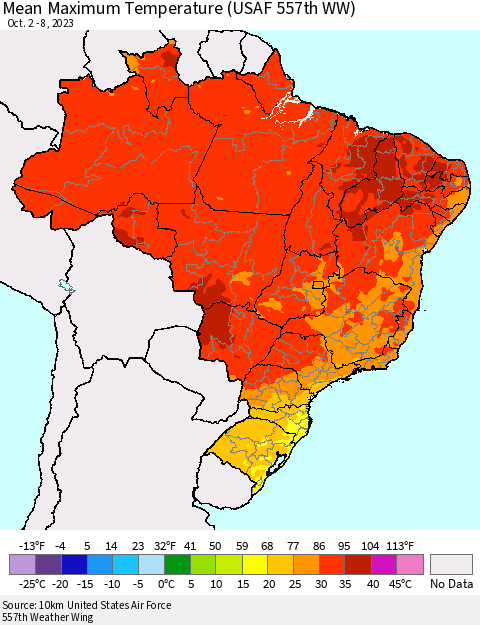 Brazil Mean Maximum Temperature (USAF 557th WW) Thematic Map For 10/2/2023 - 10/8/2023