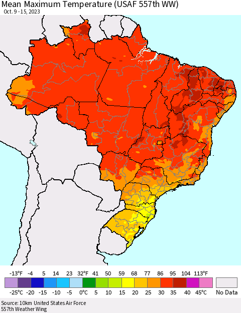 Brazil Mean Maximum Temperature (USAF 557th WW) Thematic Map For 10/9/2023 - 10/15/2023
