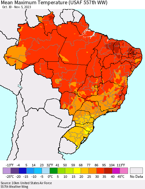 Brazil Mean Maximum Temperature (USAF 557th WW) Thematic Map For 10/30/2023 - 11/5/2023