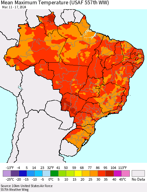 Brazil Mean Maximum Temperature (USAF 557th WW) Thematic Map For 3/11/2024 - 3/17/2024