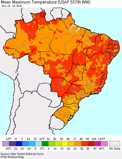 Brazil Mean Maximum Temperature (USAF 557th WW) Thematic Map For 3/18/2024 - 3/24/2024