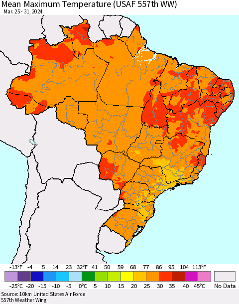 Brazil Mean Maximum Temperature (USAF 557th WW) Thematic Map For 3/25/2024 - 3/31/2024