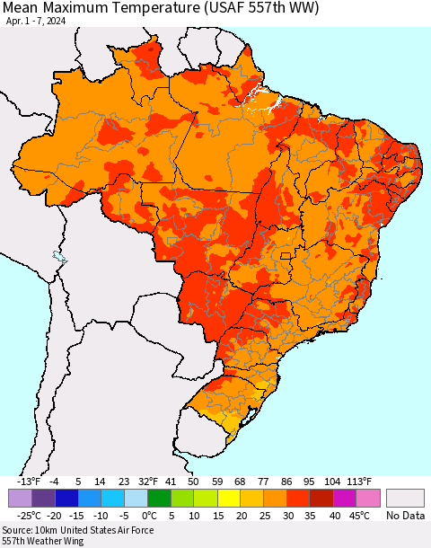 Brazil Mean Maximum Temperature (USAF 557th WW) Thematic Map For 4/1/2024 - 4/7/2024