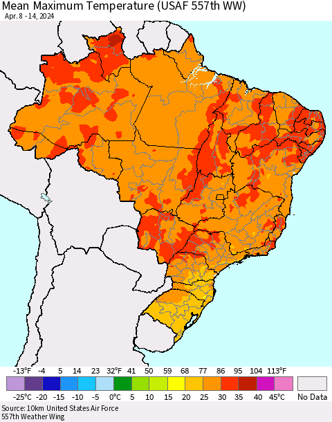Brazil Mean Maximum Temperature (USAF 557th WW) Thematic Map For 4/8/2024 - 4/14/2024