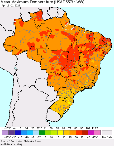 Brazil Mean Maximum Temperature (USAF 557th WW) Thematic Map For 4/15/2024 - 4/21/2024