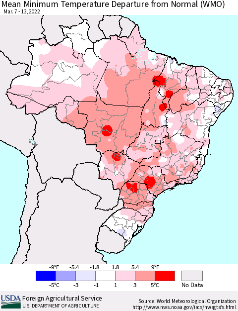 Brazil Mean Minimum Temperature Departure from Normal (WMO) Thematic Map For 3/7/2022 - 3/13/2022