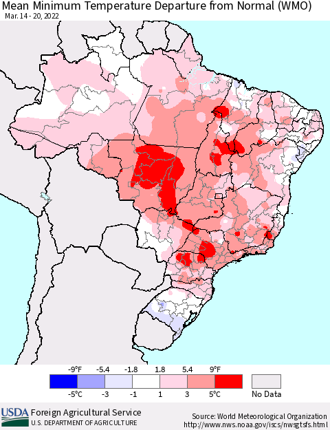 Brazil Mean Minimum Temperature Departure from Normal (WMO) Thematic Map For 3/14/2022 - 3/20/2022