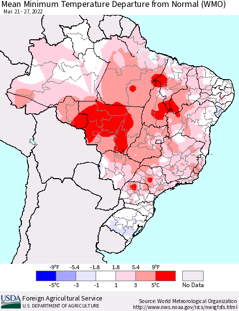 Brazil Mean Minimum Temperature Departure from Normal (WMO) Thematic Map For 3/21/2022 - 3/27/2022