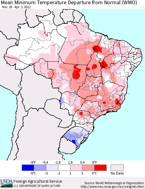 Brazil Mean Minimum Temperature Departure from Normal (WMO) Thematic Map For 3/28/2022 - 4/3/2022
