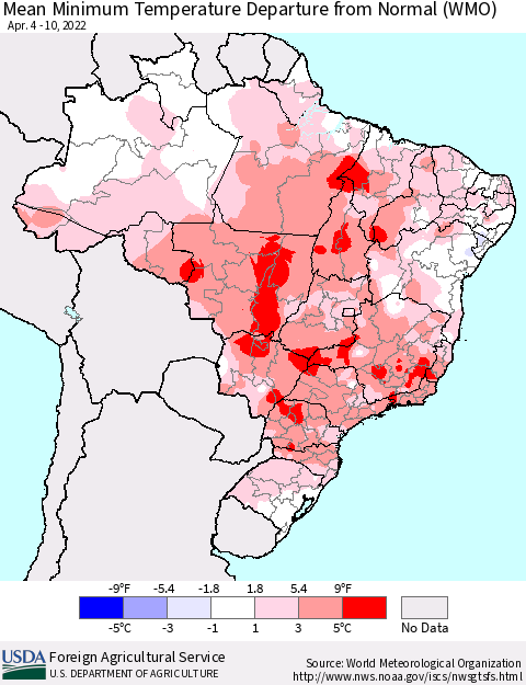 Brazil Mean Minimum Temperature Departure from Normal (WMO) Thematic Map For 4/4/2022 - 4/10/2022