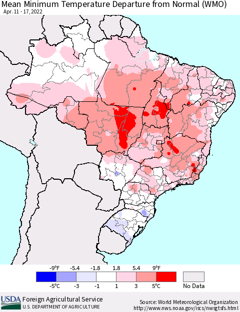 Brazil Mean Minimum Temperature Departure from Normal (WMO) Thematic Map For 4/11/2022 - 4/17/2022