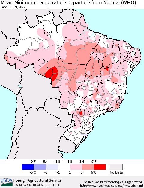 Brazil Mean Minimum Temperature Departure from Normal (WMO) Thematic Map For 4/18/2022 - 4/24/2022