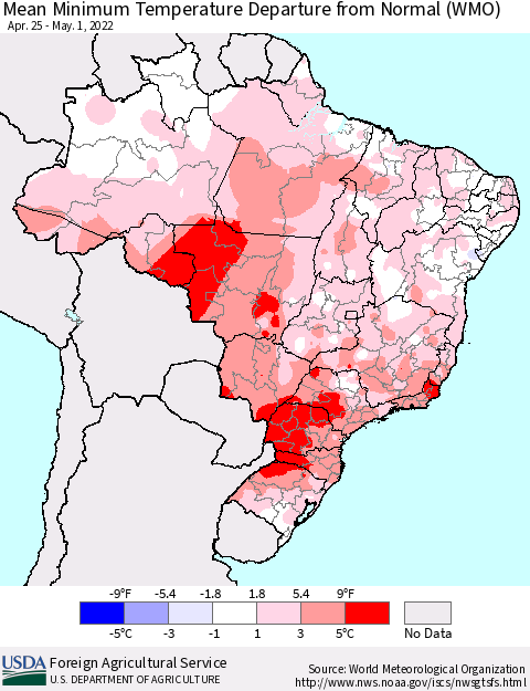 Brazil Mean Minimum Temperature Departure from Normal (WMO) Thematic Map For 4/25/2022 - 5/1/2022