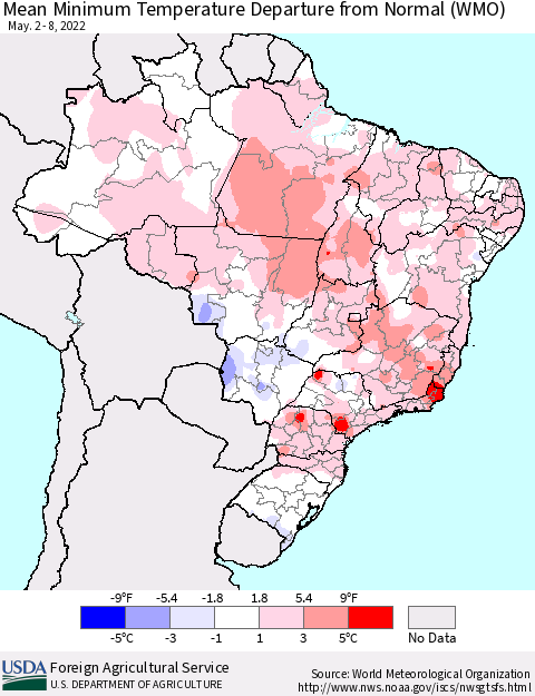 Brazil Mean Minimum Temperature Departure from Normal (WMO) Thematic Map For 5/2/2022 - 5/8/2022