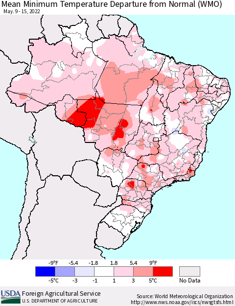 Brazil Mean Minimum Temperature Departure from Normal (WMO) Thematic Map For 5/9/2022 - 5/15/2022